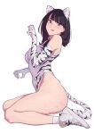  1girl absurdres alternate_costume animal_ears animal_print ass bangs bare_shoulders black_hair blue_eyes breasts elbow_gloves fake_animal_ears fake_tail fang full_body gloves gridman_universe happy_new_year highres kagto_(alterna) leotard looking_at_viewer medium_breasts medium_hair new_year nike shoes simple_background skin_fang sneakers solo ssss.gridman sweat tail takarada_rikka thighs tiger_ears tiger_print white_background 
