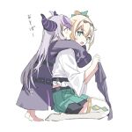  2girls blonde_hair coat commentary green_eyes green_skirt hana_mori height_difference highres hololive horns kazama_iroha la+_darknesss leaf leaf_on_head multicolored_hair multiple_girls open_mouth pointy_ears purple_coat purple_hair seiza shirt silver_hair sitting skirt sleeves_past_fingers sleeves_past_wrists streaked_hair thigh-highs virtual_youtuber white_legwear white_shirt 