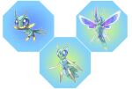  animal_focus antennae blank_eyes blue_background blue_eyes blue_hair blue_theme closed_mouth commentary english_commentary evolutionary_line fakemon fangs fangs_out floating full_body highres hyshirey long_hair multicolored_eyes no_humans official_style original outline pokemon standing transparent_border violet_eyes white_outline wings 
