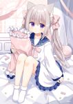  1girl :o animal_ear_fluff animal_ears bangs bed blue_sailor_collar blush bow cat_ears cat_girl cat_tail commentary_request curtains dress eyebrows_visible_through_hair frilled_dress frilled_pillow frills grey_hair hair_between_eyes highres holding holding_pillow long_hair looking_at_viewer nakkar no_shoes original parted_lips pillow pink_bow sailor_collar sailor_dress socks solo tail twintails very_long_hair violet_eyes white_dress white_legwear 