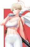  1girl abs anagumasan blonde_hair character_request collarbone copyright_request cowboy_shot eyebrows_visible_through_hair gloves gun highres holding holding_clothes holding_jacket jacket navel parted_lips short_hair solo tank_top weapon white_gloves yellow_eyes 