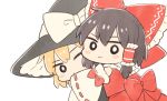  2girls bangs black_hair black_headwear blonde_hair bow bright_pupils closed_mouth cyu_ta eyebrows_visible_through_hair hair_bow hair_tubes hakurei_reimu hat hat_bow highres holding_person hug kirisame_marisa looking_at_viewer medium_hair multiple_girls nontraditional_miko red_bow ribbon-trimmed_sleeves ribbon_trim simple_background smile touhou white_background white_bow white_pupils 