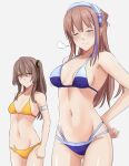  2girls alternate_costume bangs bare_shoulders bikini blue_bikini blue_swimsuit blush breast_envy breasts brown_hair closed_eyes closed_mouth collarbone cyka eyebrows_visible_through_hair feet_out_of_frame girls_frontline hairband hand_on_hip highres light_brown_eyes long_hair looking_at_another multicolored_hair multiple_girls navel pink_hair scar scar_across_eye shading_eyes side_ponytail small_breasts smile st_ar-15_(girls&#039;_frontline) standing swimsuit ump45_(girls&#039;_frontline) unhappy white_background yellow_bikini yellow_swimsuit 