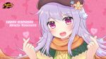  1girl beret copyright copyright_name finger_heart flower hair_flower hair_ornament happy_birthday hat heart highres logo looking_at_viewer mahjong_soul michiyon official_art open_mouth orange_scarf pink_background purple_hair scarf sweater takanashi_hinata violet_eyes yostar 