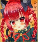  1girl :d animal_ear_fluff animal_ears bangs bell black_bow blunt_bangs blush bow braid cat_ears cat_tail dress extra_ears eyebrows_visible_through_hair face fang frills green_dress hair_bow hair_ribbon jingle_bell kaenbyou_rin long_hair looking_at_viewer multiple_tails neck_bell neck_ribbon nekomata open_mouth orange_background paw_print paw_print_background pointy_ears red_bow red_eyes red_ribbon redhead ribbon simple_background smile solo tail tail_bow tail_ornament touhou traditional_media tress_ribbon twin_braids twintails two_tails upper_body zenra1112 
