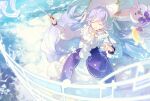  1girl 1other baton_(conducting) beamed_eighth_notes blue_bow blue_bowtie blurry blurry_foreground bow bowtie closed_eyes clouds dress eighth_note frilled_dress frills hands_up hatsune_miku headdress holding holding_instrument instrument light_blue_hair linfi-muu long_hair musical_note neckerchief open_mouth rabbit rabbit_yukine rainbow smile snowflakes staff_(music) standing sun_ornament twintails very_long_hair vocaloid white_dress yuki_miku 