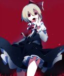  1girl ascot black_dress blonde_hair bow collared_shirt cowboy_shot dress hair_ribbon ikurauni long_sleeves open_mouth red_background red_eyes red_neckwear red_ribbon ribbon rumia shirt short_hair skirt solo touhou vest white_shirt youkai 