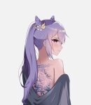  1girl awuwyn back_tattoo bare_shoulders blush dragon_tattoo eyebrows_visible_through_hair from_behind genshin_impact hair_between_eyes hair_cones hair_ornament highres japanese_clothes keqing_(genshin_impact) kimono long_hair looking_at_viewer looking_back parted_lips purple_hair shiny shiny_hair smile solo tattoo teeth twintails violet_eyes white_background 