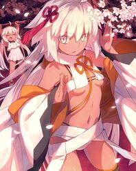  2girls ahoge bangs bare_shoulders bikini black_legwear breasts dark-skinned_female dark_skin fate/grand_order fate_(series) grey_eyes haori highres japanese_clothes long_hair long_sleeves looking_at_viewer medium_breasts multiple_girls navel off_shoulder okita_souji_(fate) okita_souji_alter_(swimsuit_saber)_(fate) open_mouth rengoku_(fate) saipaco smile swimsuit tassel thigh-highs thighs very_long_hair white_bikini white_hair wide_sleeves 