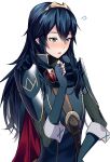  1girl ameno_(a_meno0) blue_eyes blue_hair cape elbow_gloves fingerless_gloves fire_emblem fire_emblem_awakening gloves long_hair long_sleeves lucina_(fire_emblem) open_mouth raised_eyebrow solo sweatdrop symbol-shaped_pupils thinking tiara white_background 