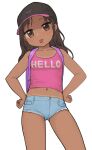  1girl :p backpack bag baseball_cap black_headwear breasts brown_eyes brown_hair clenched_hands clothes_writing cutoffs dark-skinned_female dark_skin denim denim_shorts hands_on_hips hat long_hair looking_at_viewer midriff navel omodaka_(nitera1041) original pink_tank_top randoseru short_shorts shorts simple_background small_breasts solo tank_top thighs tongue tongue_out white_background 