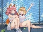  2girls :d :o absurdres ahoge animal_ear_fluff animal_ears artist_logo artist_name ball bangs bare_shoulders beach blonde_hair blue_collar blush breasts clenched_hand closed_eyes collar commentary day english_commentary eyebrows_behind_hair eyelashes fate/extra fate_(series) fence fox_ears fox_girl fox_tail hair_intakes hand_up highres large_breasts long_hair medium_hair multiple_girls nero_claudius_(fate) nero_claudius_(fate/extra) open_mouth outdoors outstretched_arm outstretched_leg panties pink_hair racket runicrow shoes sidelocks sitting skirt smile sneakers sportswear striped striped_panties sweat tail tamamo_(fate) tamamo_no_mae_(fate/extra) tearing_up teeth tennis_ball tennis_racket tennis_uniform twintails underwear yellow_eyes 