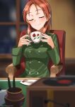  1girl absurdres blush breasts chair closed_mouth cup eyebrows_visible_through_hair highres hiroshi_(hunter-of-kct) indoors medium_breasts military military_uniform minna-dietlinde_wilcke redhead shiny shiny_hair shiny_skin sitting smile solo strike_witches teacup uniform upper_body world_witches_series 