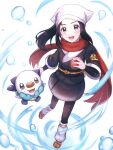  1girl :d akari_(pokemon) black_hair black_kimono black_pants black_skirt floating_hair grey_eyes highres holding holding_poke_ball japanese_clothes kimono long_hair looking_at_viewer miniskirt nei_(aduma1120ponpon) open_mouth pants poke_ball pokemon pokemon_(game) pokemon_legends:_arceus ponytail red_scarf scarf shiny shiny_hair sidelocks skirt smile solo white_background white_headwear 