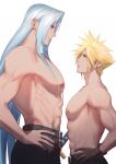  2boys belt blonde_hair brown_gloves cloud_strife earrings eilinna final_fantasy final_fantasy_vii final_fantasy_vii_remake gloves green_eyes hands_on_hips height_difference highres jewelry large_pectorals long_hair male_focus multiple_boys muscular muscular_male pectorals sephiroth silver_hair sword topless_male very_long_hair weapon 