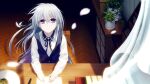  1girl bangs black_ribbon blurry blurry_foreground closed_mouth dress_shirt game_cg hair_between_eyes indoors kurono_mitsuki long_hair long_sleeves looking_up neck_ribbon petals re:lief_~shin&#039;ai_naru_anata_e~ ribbon shirt silver_hair sitting smile solo straight_hair very_long_hair violet_eyes white_shirt yuu_(re:lief) 