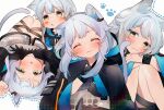  1girl :o animal_ears arknights bangs blush blush_stickers cat_ears cat_girl cat_tail chestnut_mouth cloak closed_eyes closed_mouth dress green_eyes happy highres hood hood_down hooded_cloak infection_monitor_(arknights) long_hair paw_print rosmontis_(arknights) silver_hair smile tail takumi_mizuki thigh_strap white_dress 