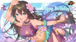  1girl barefoot blue_eyes brown_hair cleavage_cutout clothing_cutout copyright copyright_name eyebrows_visible_through_hair feet flower flower_request gold_necklace green_eyes hair_flower hair_ornament happy_birthday heterochromia highres jewelry kusumoto_shizuru logo long_hair looking_at_viewer mahjong mahjong_soul midriff navel official_art open_mouth petals ring sara_(mahjong_soul) smile tenbou yostar 