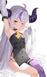  1girl absurdres ahoge armpits ascot avant_garde_(artist) blush breasts closed_mouth commentary_request demon_horns eyebrows_visible_through_hair highres hololive horns invisible_chair la+_darknesss long_hair multicolored_hair o-ring one_eye_closed pointy_ears purple_hair purple_legwear silver_hair single_thighhigh sitting small_breasts stretch striped_horns thigh-highs virtual_youtuber yellow_ascot 
