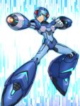  1boy android armor capcom clenched_teeth commentary_request english_text full_body glitch glowing green_eyes helmet highres knee_up looking_ahead male_focus mega_man_(series) mega_man_x_(character) mega_man_x_(series) open_mouth parco_1315 solo teeth 