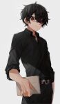  1boy akagiasami bangs belt black_hair black_pants black_shirt book chain_necklace closed_mouth glasses grey_background hair_between_eyes highres holding holding_book jewelry male_focus mole mole_under_eye necklace original pants red_eyes shirt simple_background solo 