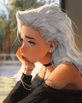  1girl black_choker black_shirt blue_eyes bracelet choker earrings english_commentary from_side hair_behind_ear hand_on_own_chin highres jewelry kara_(sam_yang) looking_ahead off-shoulder_shirt off_shoulder original sam_yang shirt solo white_hair window 