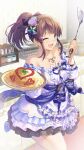  1girl ;d bangs bare_shoulders black_bow blue_eyes blue_footwear blue_ribbon blue_sash blurry blurry_background bottle bow box breasts brown_hair butterfly_hair_ornament cabinet commentary_request cowboy_shot dress food frilled_dress frilled_sleeves frills hair_bow hair_ornament hands_up heart heart_hair_ornament heart_in_eye heart_necklace high_ponytail highres holding holding_plate holding_spatula idolmaster idolmaster_million_live! indoors jar jewelry ketchup kitchen layered_dress leg_up long_sleeves looking_at_viewer medium_breasts medium_hair nanaran off-shoulder_dress off_shoulder omurice one_eye_closed open_mouth pendant plate ponytail ribbon sash satake_minako shoes short_dress sidelocks sink smile solo spatula standing standing_on_one_leg swept_bangs symbol_in_eye tilted_headwear white_dress 