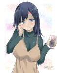  1girl black_hair blue_eyes breasts commentary_request cup dress gakky glass green_dress green_sweater holding holding_cup kantai_collection large_breasts long_hair looking_at_viewer official_alternate_costume official_alternate_hairstyle one-hour_drawing_challenge solo souryuu_(kancolle) sweater upper_body 