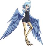  1girl ahoge artist_request bangs bare_shoulders bird_legs black_dress blue_hair blue_wings blush breasts dress feathered_wings feathers hair_between_eyes harpy medium_hair monster_girl monster_musume_no_iru_nichijou monster_musume_no_iru_nichijou_online official_alternate_costume official_art papi_(monster_musume) sidelocks small_breasts smile solo talons thigh-highs transparent_background winged_arms wings yellow_eyes zettai_ryouiki 