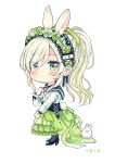  1girl absurdres animal animal_ear_fluff animal_ears bangs blush chibi eyebrows_visible_through_hair eyes_visible_through_hair flower full_body green_eyes green_flower green_hair green_rose green_skirt hair_between_eyes hand_up highres long_sleeves looking_at_viewer looking_to_the_side mole mole_under_eye multicolored_hair original pleated_skirt ponytail rabbit rabbit_ears rabbit_girl rabbit_tail rose sakura_oriko shirt simple_background skirt solo standing streaked_hair tail translated white_background white_hair white_shirt 