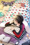  1boy black_eyes black_hair black_shirt blanket book character_name character_request glasses headphones long_sleeves looking_to_the_side lying male_focus multicolored_shirt myoya official_art on_stomach phone pillow reading red_shirt saibai_shounen shirt solo 