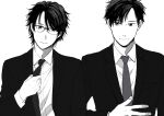  2boys adjusting_clothes adjusting_necktie bangs black_hair black_necktie formal glasses greyscale hibiya_souhei long_sleeves male_focus monochrome multiple_boys necktie parted_bangs ponkotsu_keisatsukan_wa_watashi_ni_muchuu short_hair simple_background suit ueno_haruki upper_body white_background 