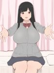  1girl bangs black_hair blush breasts brown_eyes cardigan huge_breasts looking_at_viewer mucchimut_(mzge8582) on_bed open_mouth original outstretched_arms pleated_skirt ribbon school_uniform sitting sitting_on_bed skirt smile tareme 