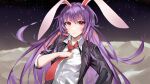  1girl absurdres animal_ears bangs clip_miao closed_mouth eyebrows_visible_through_hair hair_between_eyes highres light_blush light_smile long_hair looking_at_viewer night night_sky purple_hair rabbit_ears reisen_udongein_inaba sky solo star_(sky) touhou upper_body very_long_hair violet_eyes 
