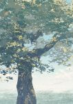  1girl branch brown_hair clouds commentary day dress full_body highres horizon in_tree long_hair original outdoors potg_(piotegu) short_sleeves signature sitting sitting_in_tree sky solo tree white_dress 
