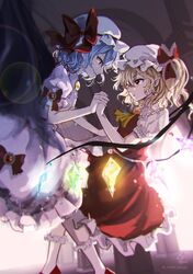  2girls absurdres ascot bat_wings blonde_hair blue_hair bow brooch crystal dress fang flandre_scarlet frilled_shirt frilled_shirt_collar frilled_skirt frilled_sleeves frills hat hat_ribbon highres holding_hands hoshiringo0902 jewelry lips medium_hair mob_cap multiple_girls one_side_up pointy_ears puffy_short_sleeves puffy_sleeves red_bow red_eyes red_ribbon red_skirt red_vest remilia_scarlet ribbon ribbon_trim sash shirt short_hair short_sleeves skirt smile touhou vest white_dress white_shirt wings yellow_ascot yellow_neckwear 