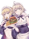  2girls ahoge apron armor artoria_pendragon_(alter_swimsuit_rider)_(fate) artoria_pendragon_(fate) bikini blonde_hair blush breasts eating fate/grand_order fate/stay_night fate_(series) food highres holding holding_food holding_plate jacket jeanne_d&#039;arc_(fate) jeanne_d&#039;arc_alter_(fate) looking_at_viewer maid maid_apron maid_bikini maid_headdress multiple_girls open_clothes open_mouth plate plate_armor saber_alter short_hair silver_hair smile swimsuit takitarou yellow_eyes 