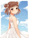  1girl blue_sky blush border brown_hair clouds double_bun dress heart highres idolmaster idolmaster_cinderella_girls looking_at_viewer looking_to_the_side mmmakaron888 munakata_atsumi outside_border sky sleeveless sleeveless_dress solo upper_body white_border white_dress 