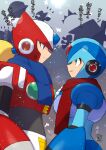  4boys android bass_(mega_man) blonde_hair blue_eyes blue_scarf closed_mouth commentary dated green_eyes hand_on_own_chest helmet highres house looking_at_another male_focus mega_man_(character) mega_man_(series) mega_man_x_(character) mega_man_x_(series) multiple_boys open_mouth outdoors ponytail red_scarf robot scarf silhouette smile snowflakes tobitori translation_request zero_(mega_man) 