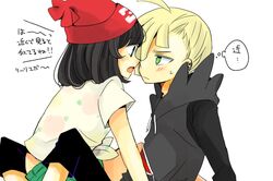  1boy 1girl ahoge atsumi_yoshioka bangs beanie black_hair black_pants blonde_hair blush closed_mouth commentary_request eye_contact gladion_(pokemon) green_eyes hat hood hood_down hoodie looking_at_another medium_hair open_mouth pants pokemon pokemon_(game) pokemon_sm red_headwear selene_(pokemon) shirt short_hair short_sleeves simple_background sweatdrop teeth thought_bubble tied_shirt tongue translation_request upper_teeth white_background yellow_shirt 