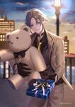  brown_hair building choker closed_mouth formal gift gloves green_eyes hair_behind_ear highres inanome_me lamp logo male_focus mysta_rias nijisanji nijisanji_en official_art short_hair solo stuffed_animal stuffed_toy teddy_bear vest 