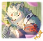  1boy agyo_(housamo) animal_ears aqua_fur closed_eyes commentary_request furry furry_male highres japanese_clothes komainu_boy komainu_ears kou_(kouga0225) male_focus petals ribbon solo spring_(season) tatami tokyo_afterschool_summoners translated two-tone_fur white_fur 