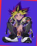  1boy black_footwear black_hair blonde_hair bright_pupils buckle card chain closed_mouth commentary_request full_body glint highres holding holding_card jewelry koma_yoichi looking_at_viewer male_focus millennium_puzzle necklace orange_eyes purple_background shoes shorts smile sneakers solo spiky_hair squatting twitter_username white_pupils yami_yuugi yu-gi-oh! yu-gi-oh!_duel_monsters 