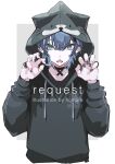  1boy absurdres animal_hood black_choker black_hole blue_eyes blue_hair cat_hood choker claw_pose commentary_request commission drawstring grey_background hands_up highres homare_eramoh hood hood_up jewelry looking_at_viewer male_focus open_mouth original paw_print ring sharp_teeth short_hair skeb_commission solo teeth two-tone_background upper_body white_background 