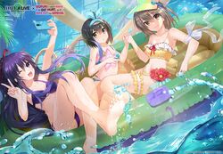  3girls :o bikini black_hair brown_eyes brown_hair closed_mouth crossover date_a_live date_a_live:_spirit_pledge eyebrows_visible_through_hair hair_ribbon holding holding_phone honjou_kaede itai_no_wa_iya_nano_de_bougyoryoku_ni_kyokufuri_shitai_to_omoimasu long_hair looking_at_viewer maple_(bofuri) maple_(itai_no_wa_iya_nano_de_bougyoryoku_ni_kyokufuri_shitai_to_omoimasu) medium_hair multiple_girls official_art one_eye_closed open_mouth phone purple_bikini purple_hair red_ribbon ribbon sally_(bofuri) sally_(itai_no_wa_iya_nano_de_bougyoryoku_ni_kyokufuri_shitai_to_omoimasu) shiramine_risa short_hair smile swimsuit v violet_eyes water yatogami_tooka yellow_bikini 