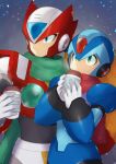  2boys android armor blonde_hair blue_eyes breath closed_mouth commentary covering_mouth cowboy_shot cup dated disposable_cup gloves green_eyes green_scarf helmet holding holding_cup long_scarf looking_afar male_focus mega_man_(series) mega_man_x_(character) mega_man_x_(series) mega_man_x_dive multiple_boys outdoors red_scarf scarf standing tobitori white_gloves zero_(mega_man) 