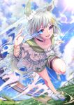  afterimage animal_ears blue_eyes clouds collarbone commentary_request grass hero_(10cl3) highres horse_ears horse_girl horse_tail leg_up looking_at_viewer motion_blur racetrack running seiun_sky_(umamusume) shoes short_hair silver_hair sweatdrop tail umamusume 