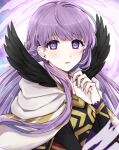  1girl aura black_feathers blush cape dress eyebrows_visible_through_hair feather_trim fire_emblem fire_emblem:_the_binding_blade fire_emblem_heroes highres long_hair long_sleeves looking_at_viewer misato_hao official_alternate_costume open_mouth purple_hair purple_nails simple_background solo sophia_(fire_emblem) upper_body very_long_hair violet_eyes 