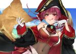  1girl ascot bangs belt black_jacket bossan_3310 breasts brown_belt brown_eyes clouds covered_navel eyebrows_behind_hair eyebrows_visible_through_hair hat heterochromia highres holding holding_map hololive houshou_marine jacket licking_lips map medium_breasts ocean off_shoulder pirate_hat red_ascot red_eyes red_skirt redhead skirt sky smile solo tongue tongue_out twintails virtual_youtuber 