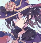  1girl aqua_background avului black_choker black_hair blue_eyes choker closed_mouth collarbone commentary diffraction_spikes english_commentary eyebrows_visible_through_hair hat highres looking_at_viewer portrait simple_background solo star_(symbol) v-shaped_eyebrows water witch_hat 